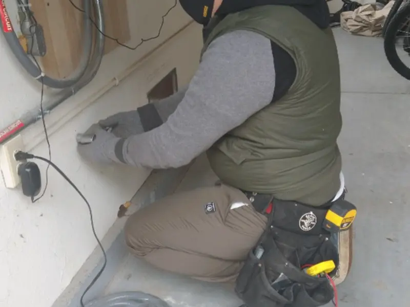 Electrician performing outlet wiring in a Whitpain garage